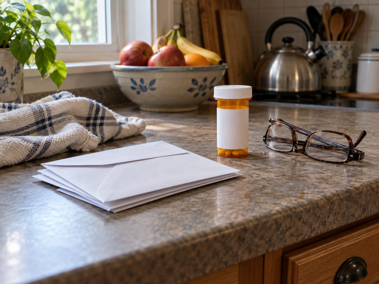 A stack of blank envelopes, a pill bottle and a pair of glasses on a kitchen counter