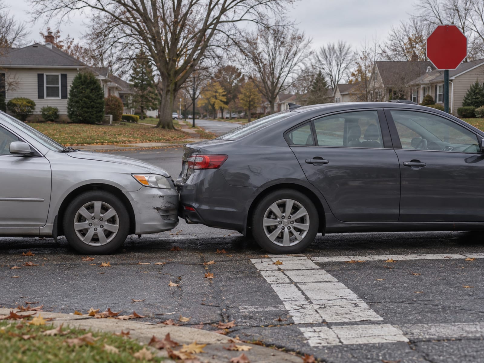 Two cars stopped at a quiet Delaware intersection after a minor fender bender
