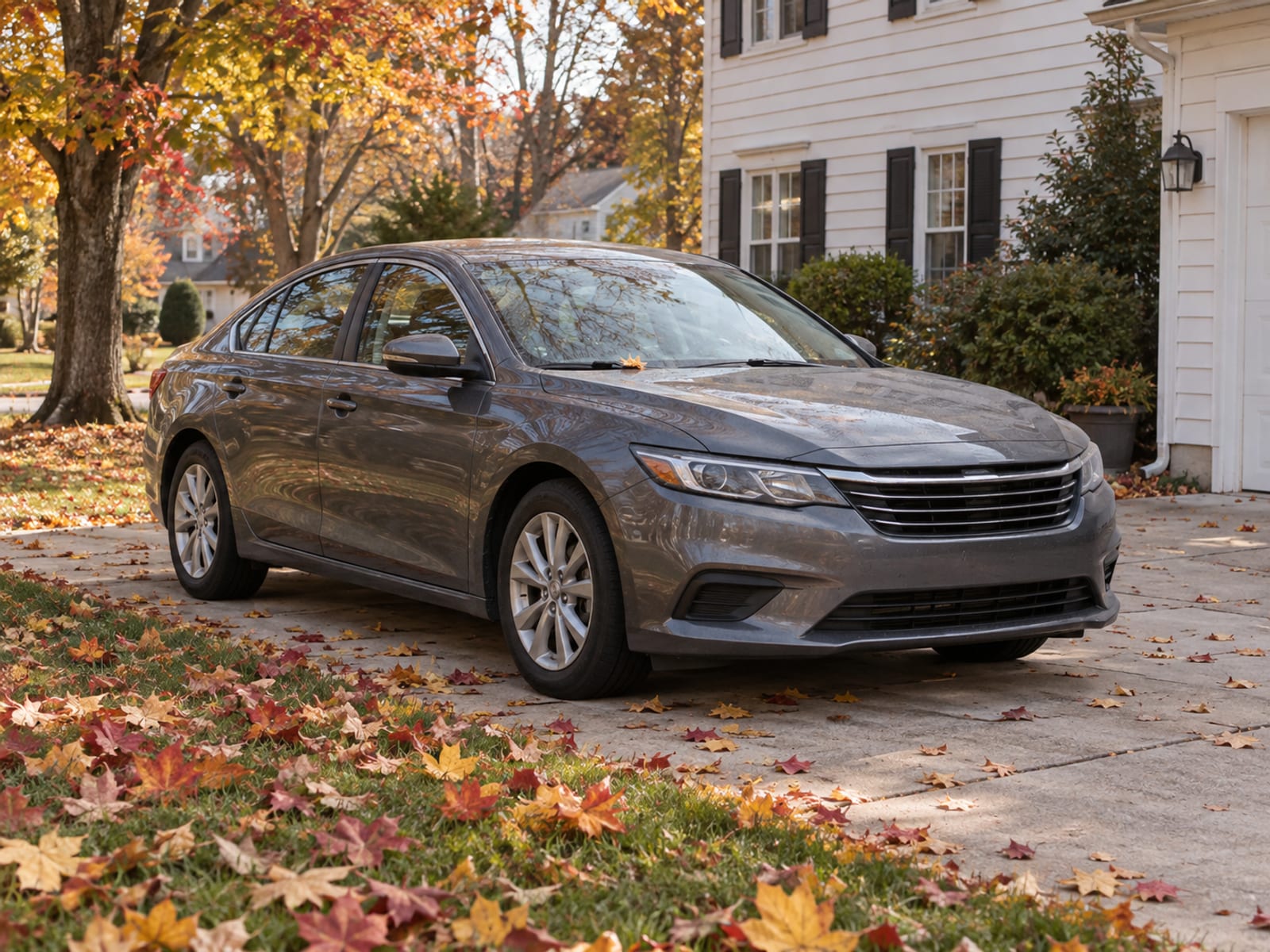 A parked car in a residential driveway with the license plate area out of view