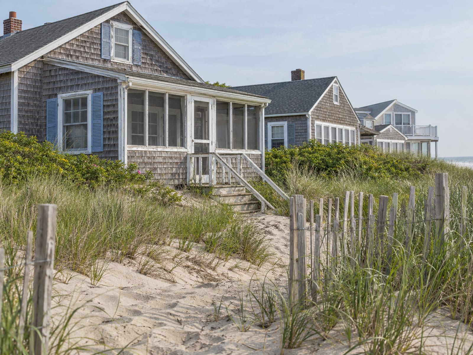 A row of beach cottages behind dunes in a Delaware shore town in early summer