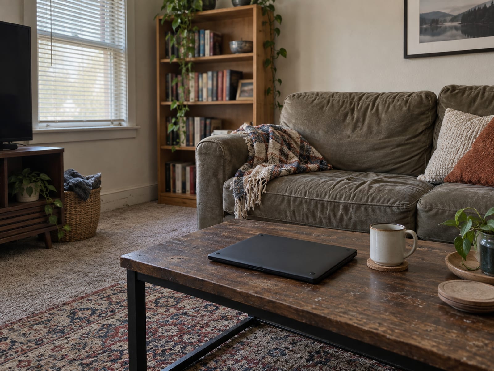 A shared apartment living room with a sofa, a bookshelf and a laptop on a coffee table