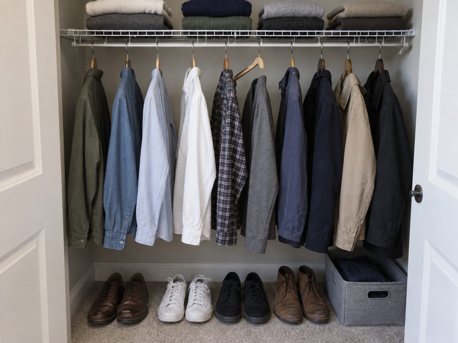 An open bedroom closet with hanging clothes and a row of shoes on the floor, seen straight on
