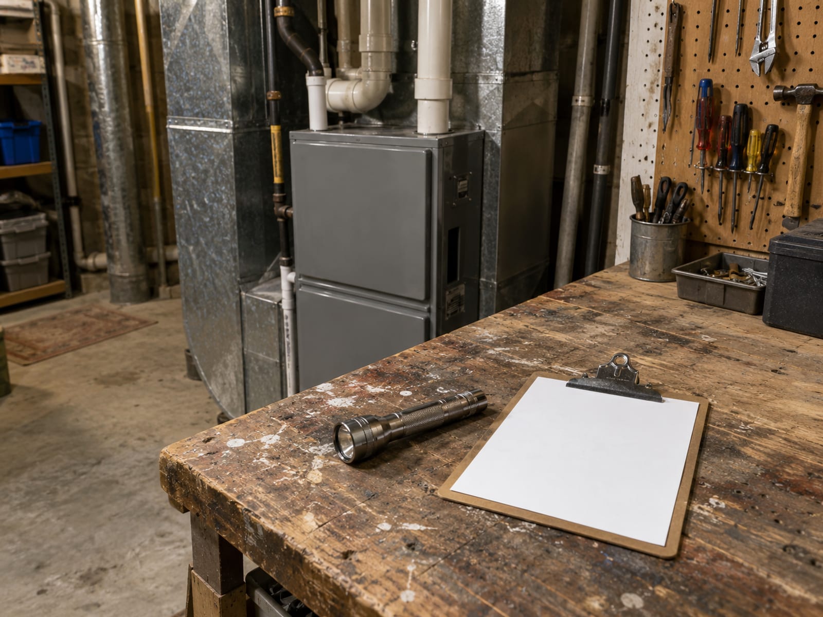A home inspector's flashlight and clipboard resting on a basement workbench