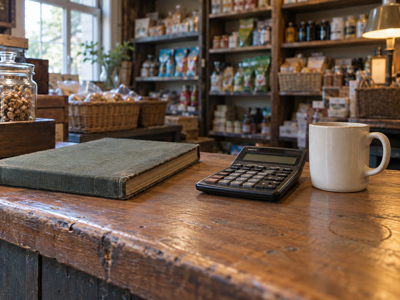 A small shop counter with a closed ledger, a calculator and a coffee mug