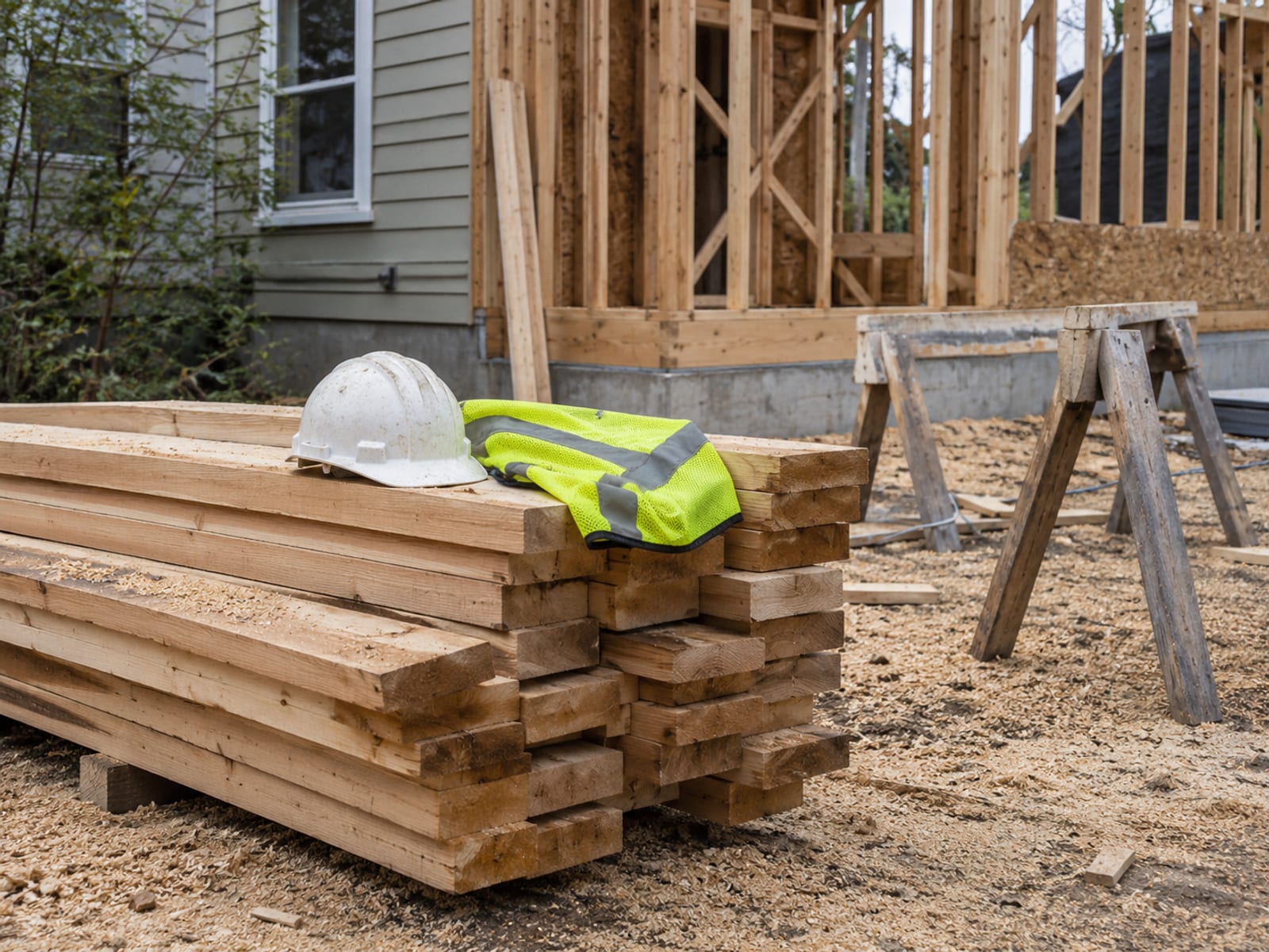 A neatly stacked pile of lumber and a pair of sawhorses at a small residential job site, with a hard hat and safety vest resting on the stack
