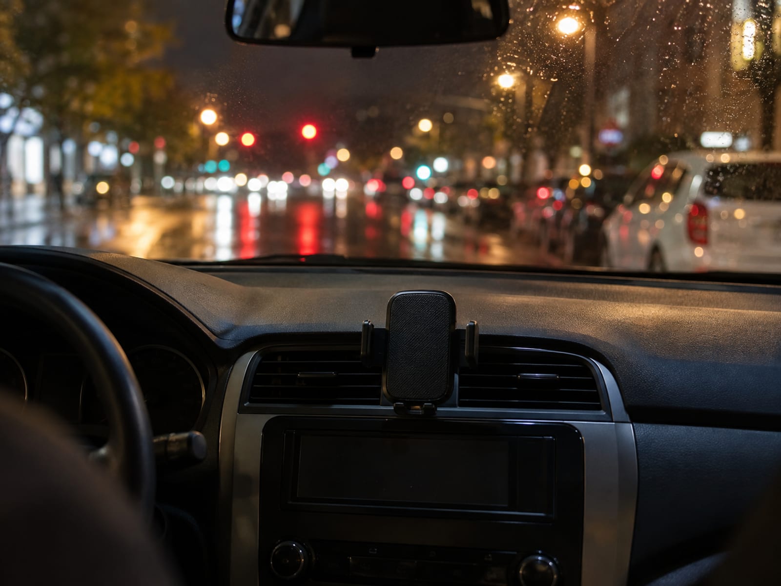 Un auto compacto estacionado de noche con un soporte para teléfono vacío en el tablero