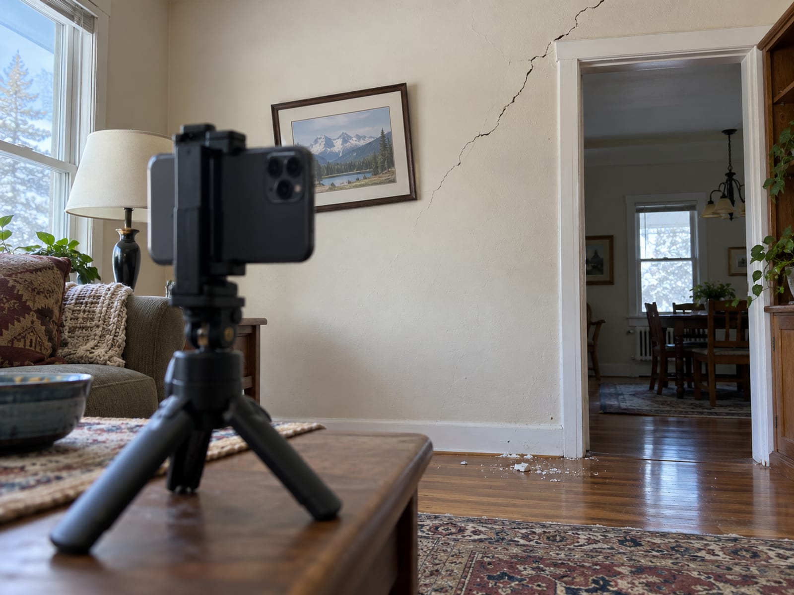 A phone on a small tripod pointed at a cracked plaster wall in a living room