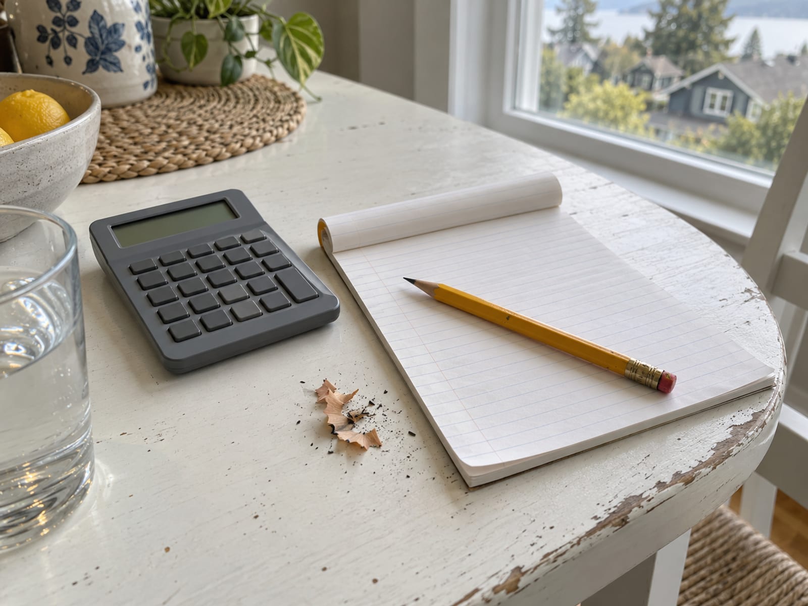 A calculator, a pencil and a blank notepad on a kitchen table in daylight