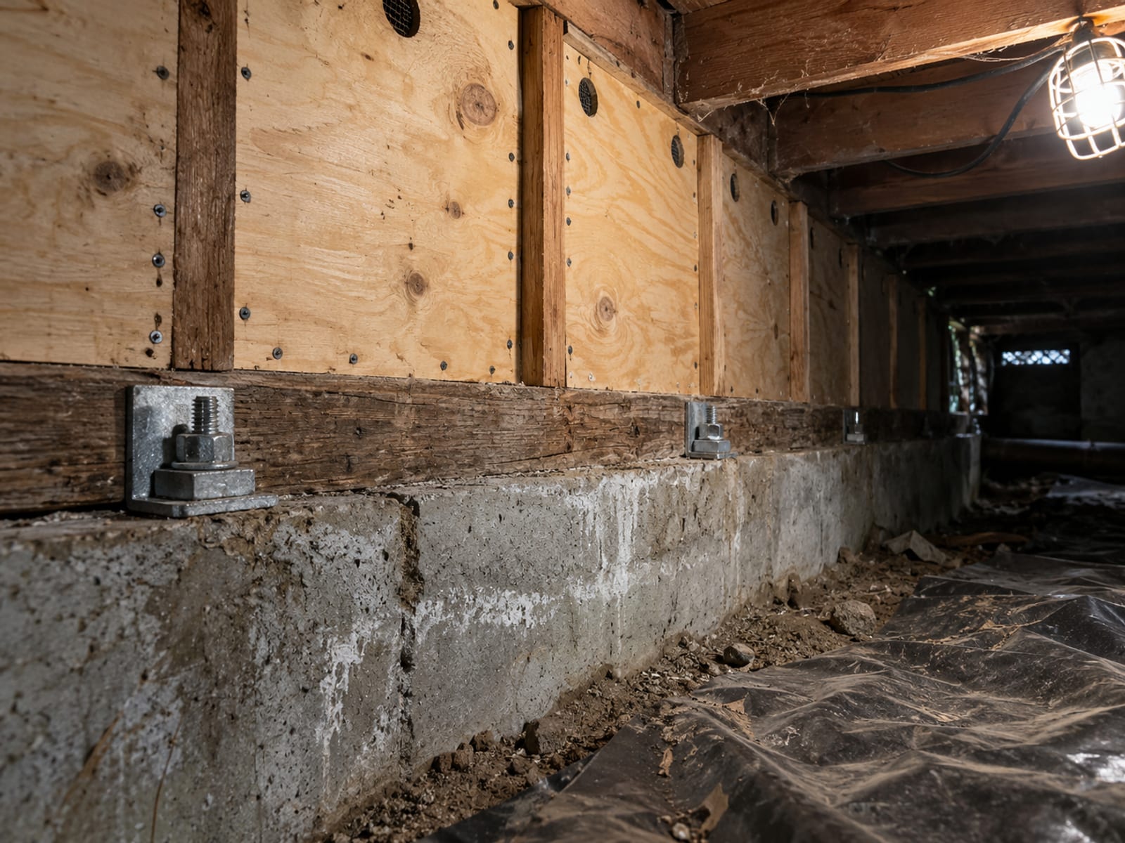 Steel anchor bolts and plywood bracing on a wood cripple wall in a crawl space