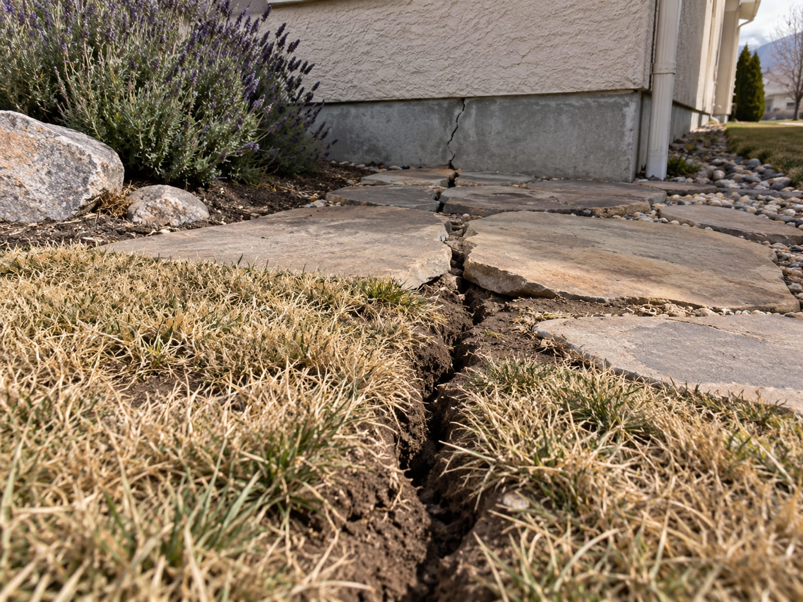 A long crack running across a dry lawn and garden path beside a house foundation