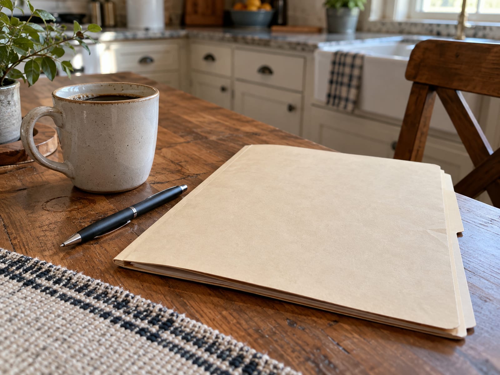 A policy folder, a pen and a cup of coffee on a kitchen table, ready to report a claim