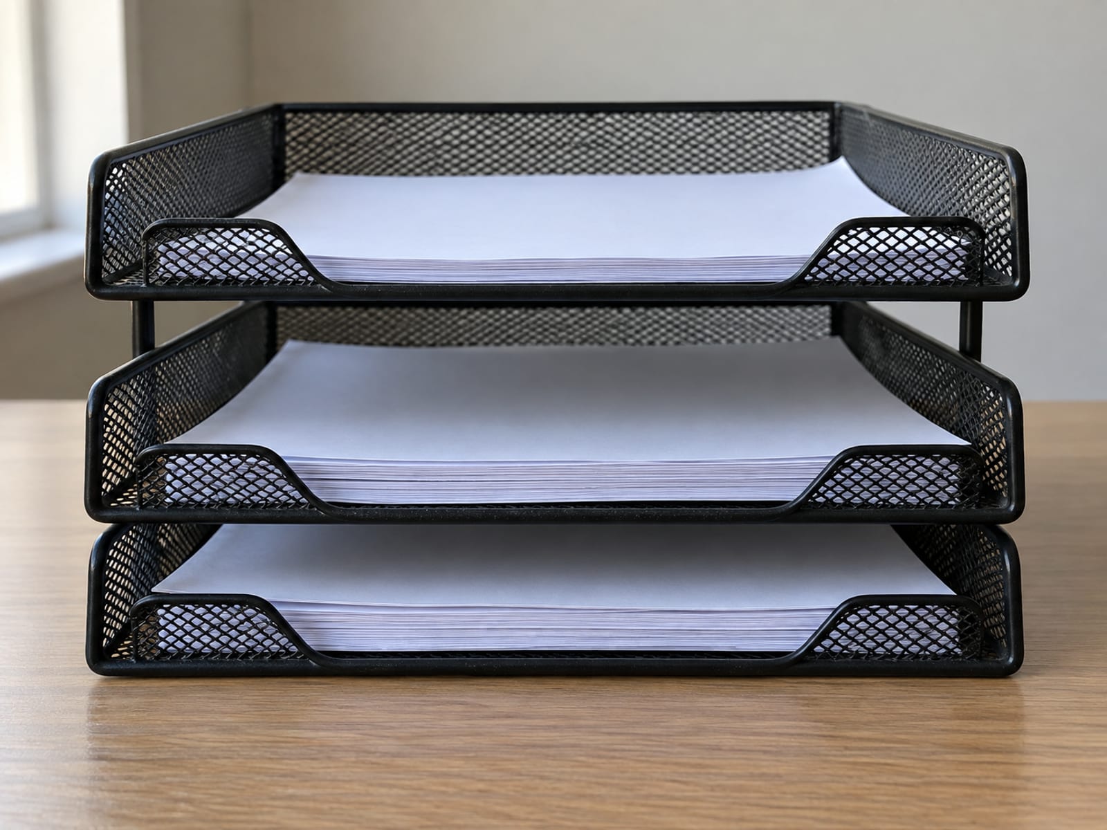 Three stacked trays of papers on a desk, the top tray separate from the two below it