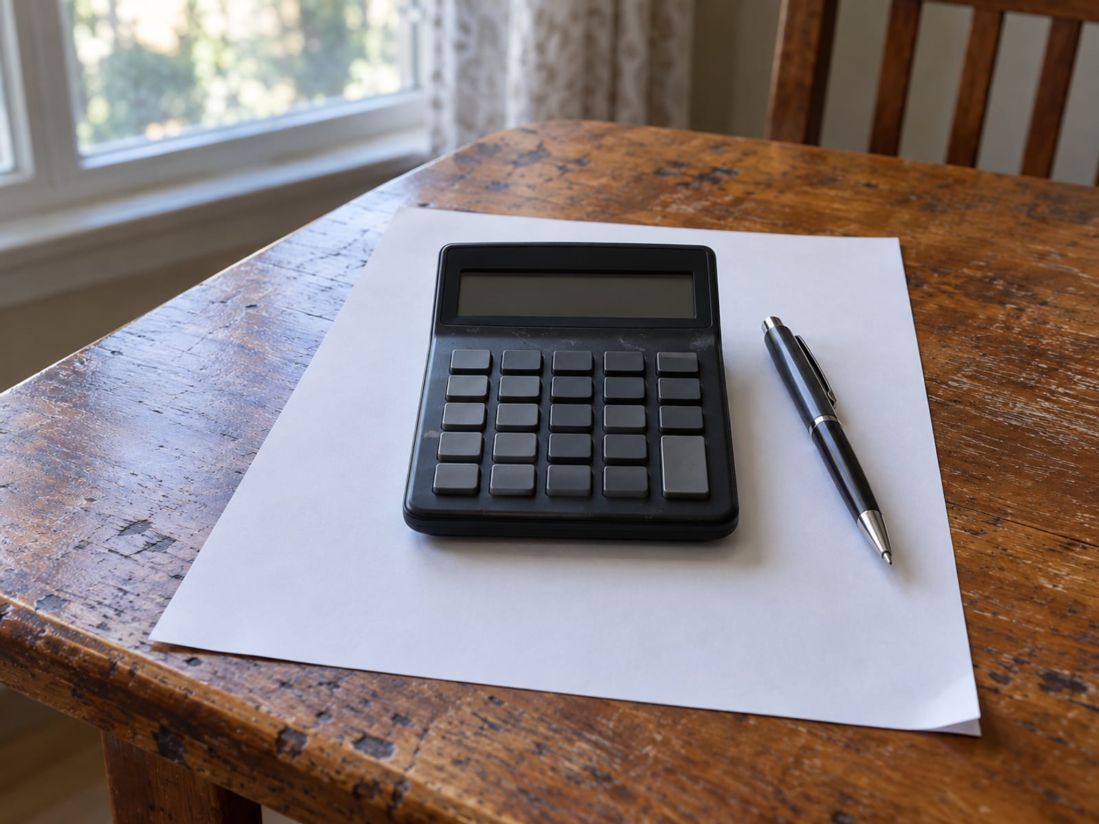 A calculator, a pen and a blank quote sheet on a wooden desk
