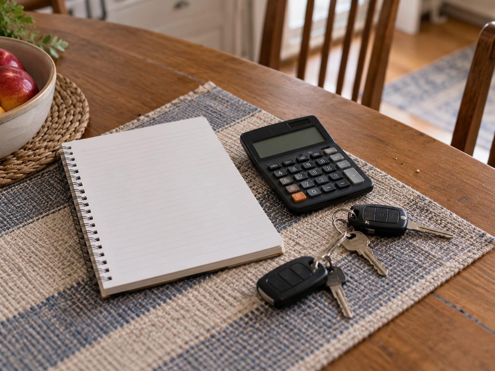 Una mesa de cocina con una libreta en blanco, una calculadora y dos llaves de auto listas para una revisión