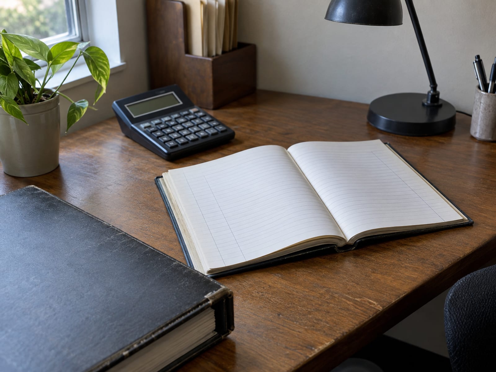 A small office desk with a closed binder, a calculator and a ledger with blank pages