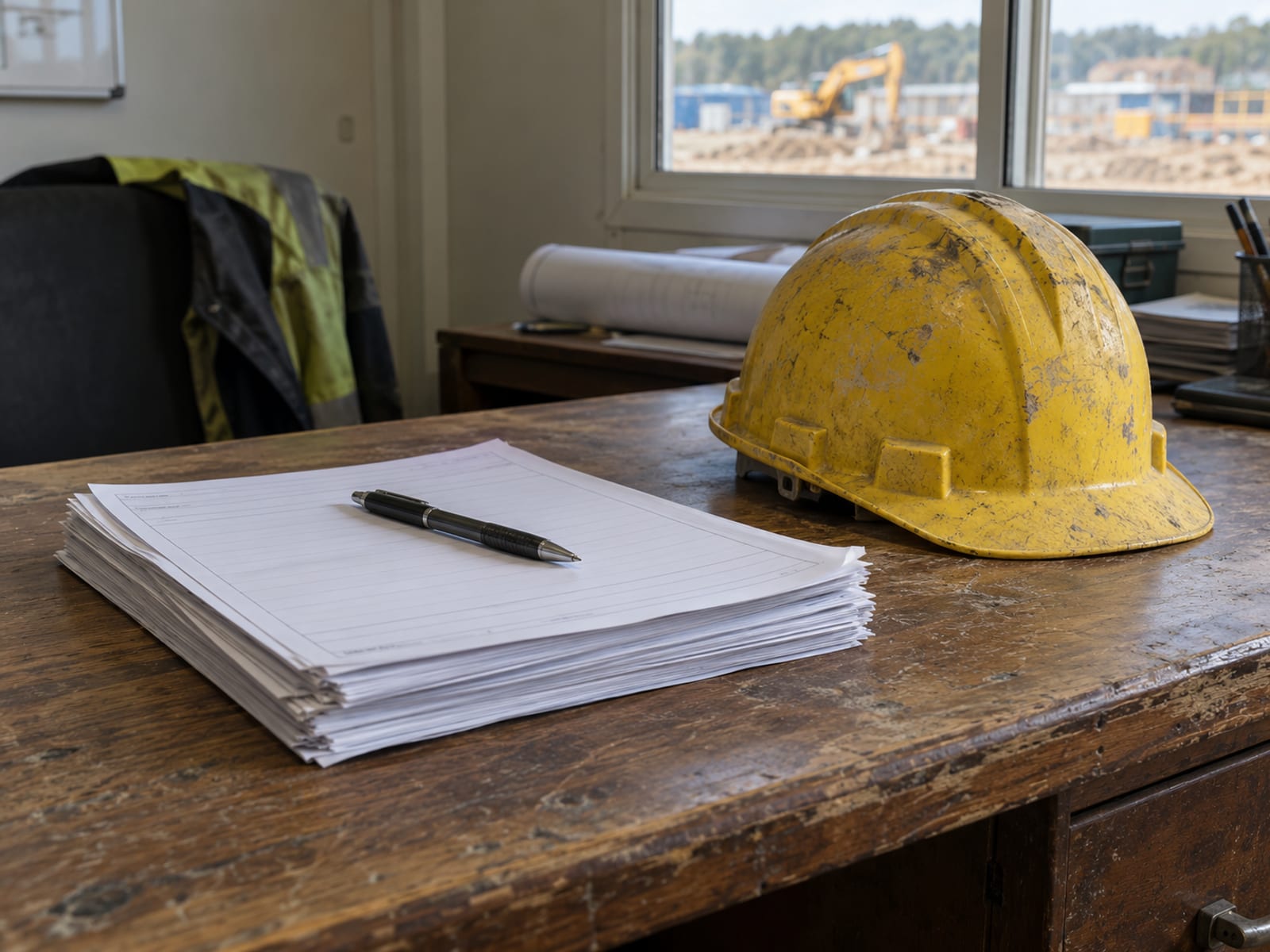 A stack of blank forms and a pen on a contractor's desk beside a hard hat