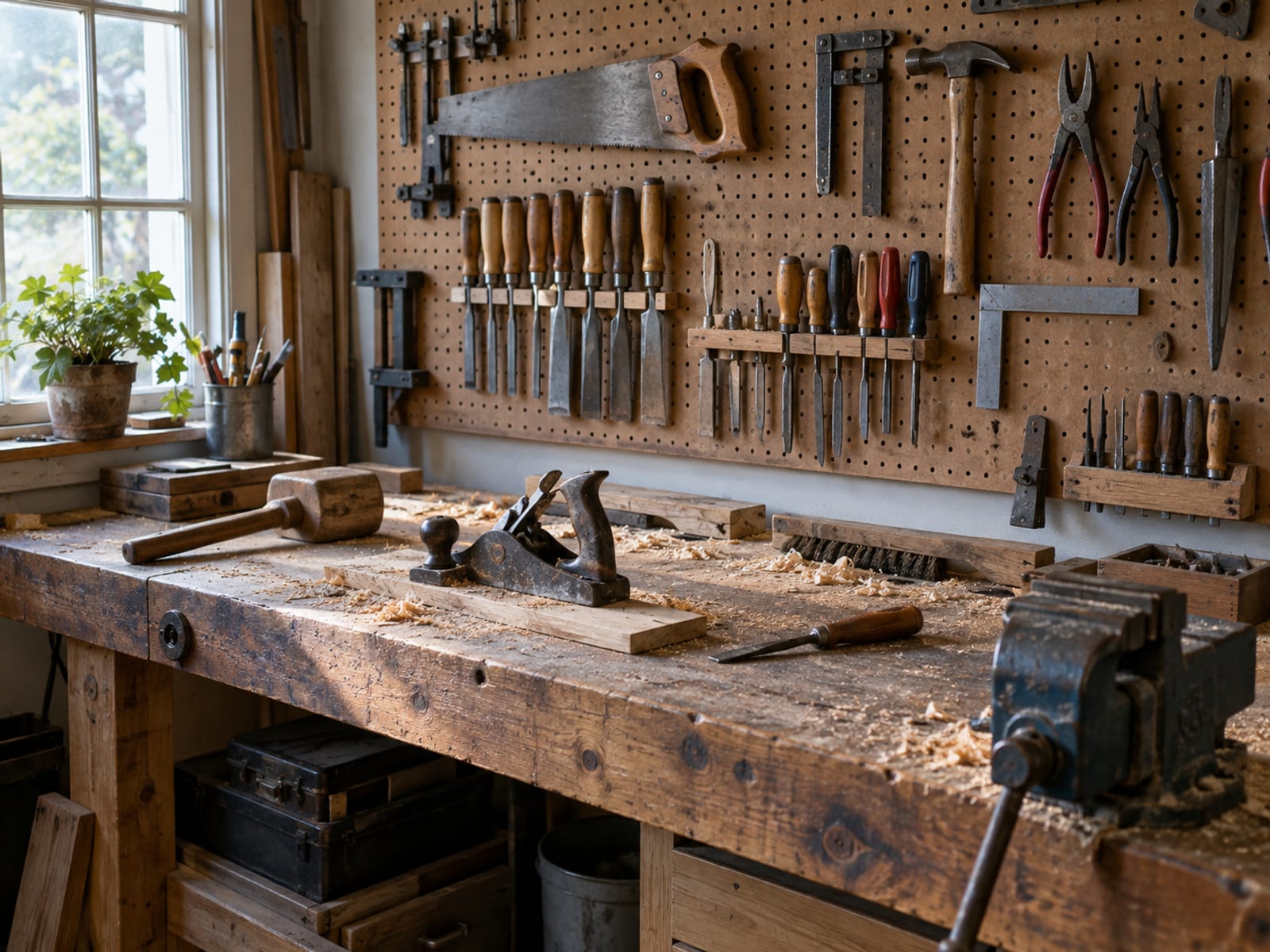 A one-person workshop bench with hand tools hung neatly on a pegboard in morning light