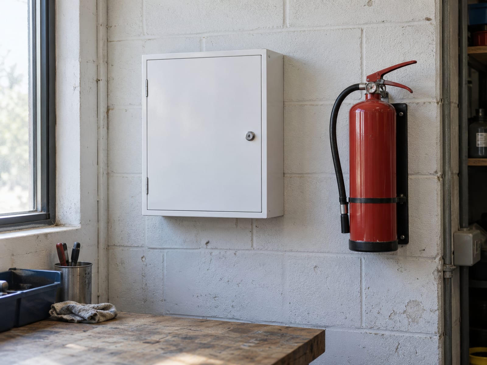 A wall-mounted first-aid kit beside a fire extinguisher in a small, tidy workshop