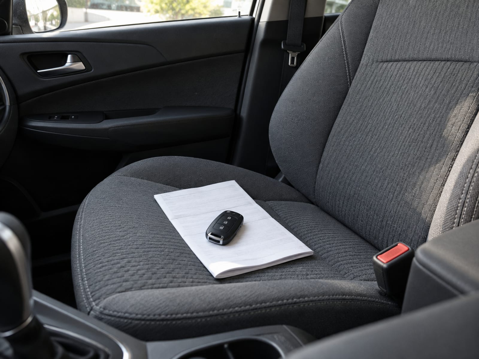 Una llave de auto y un contrato de renta doblado con líneas en blanco sobre el asiento del pasajero de un carro