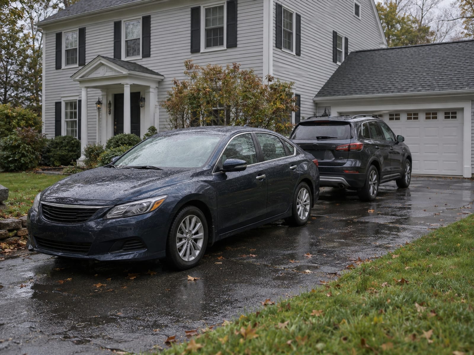 Two cars parked one behind the other in a home driveway on an overcast morning
