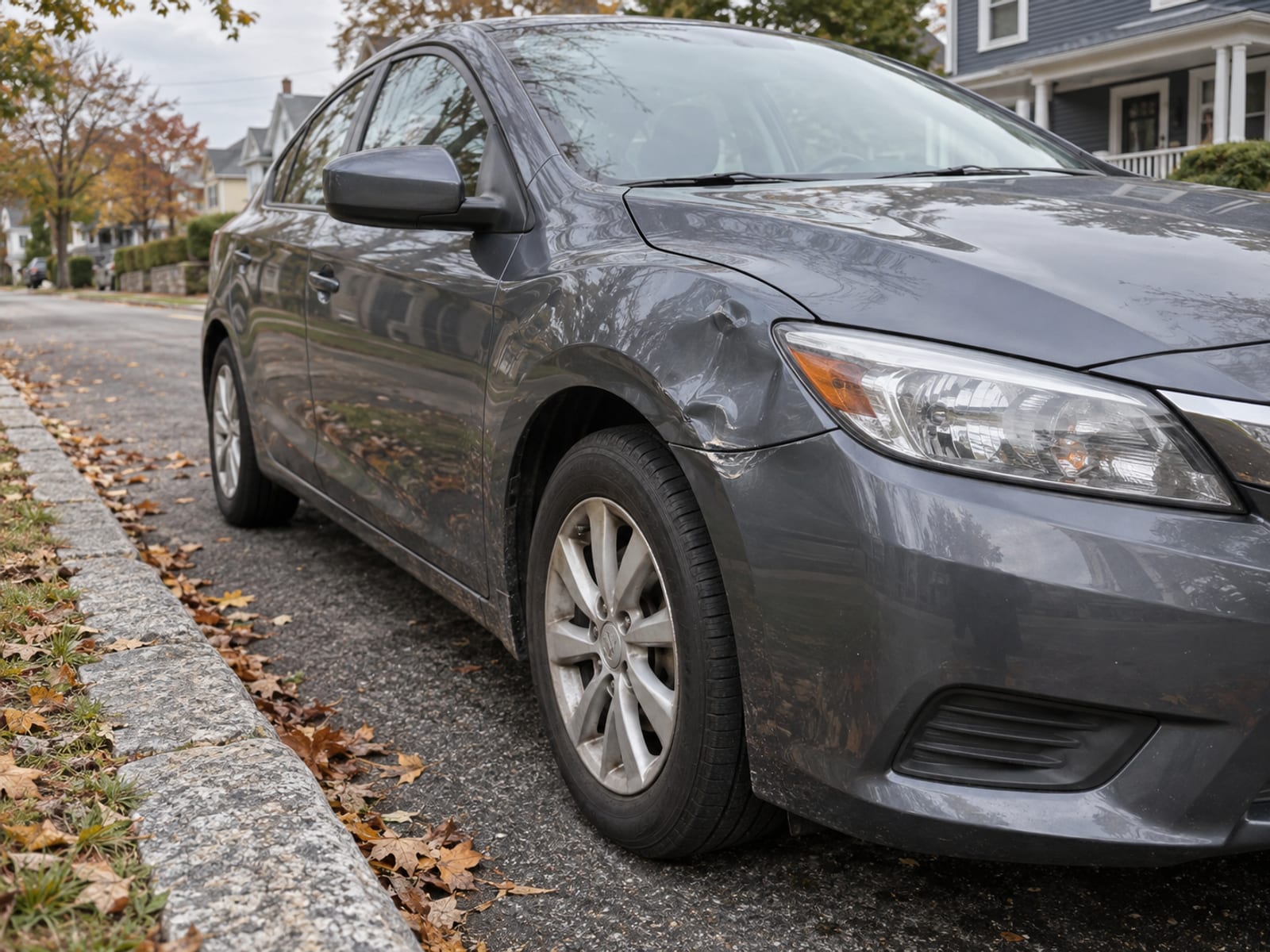 A compact car with a dented front fender parked at a residential curb