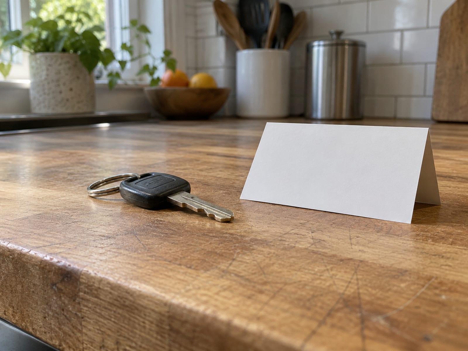 A single car key on a ring resting on a wooden kitchen counter beside a folded blank note