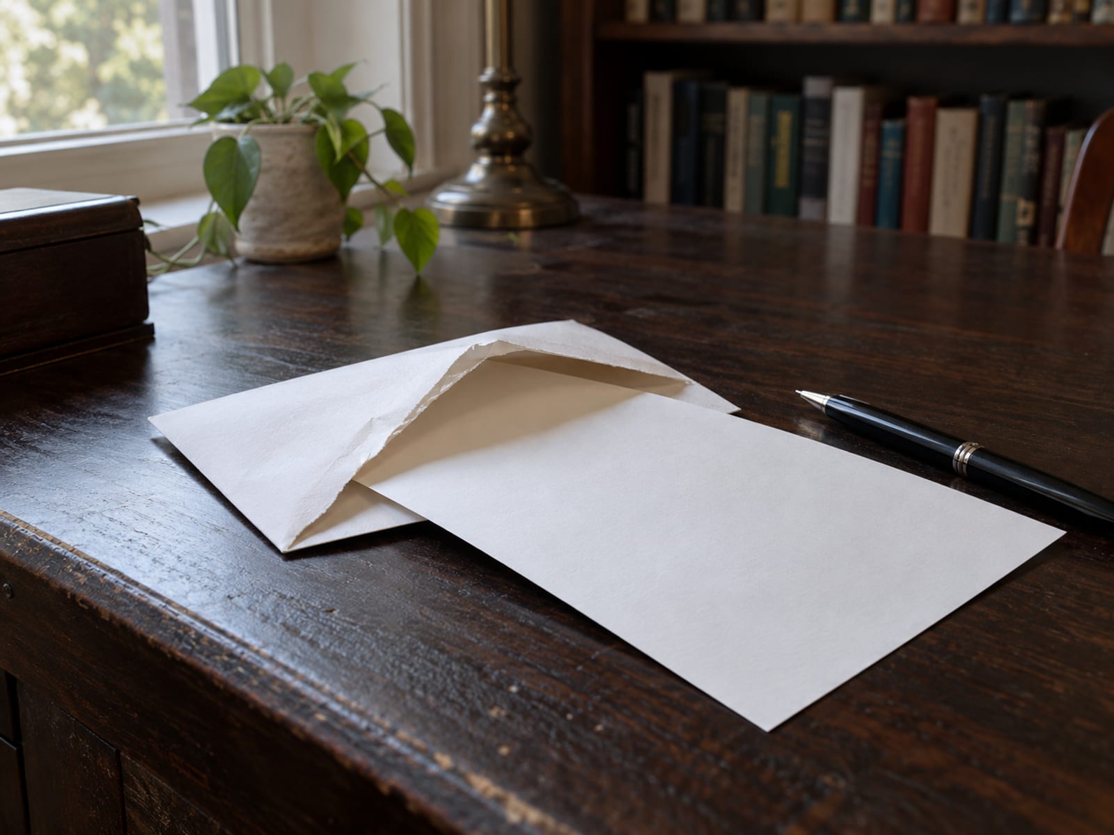 Un sobre abierto con una carta en blanco y una pluma sobre un escritorio
