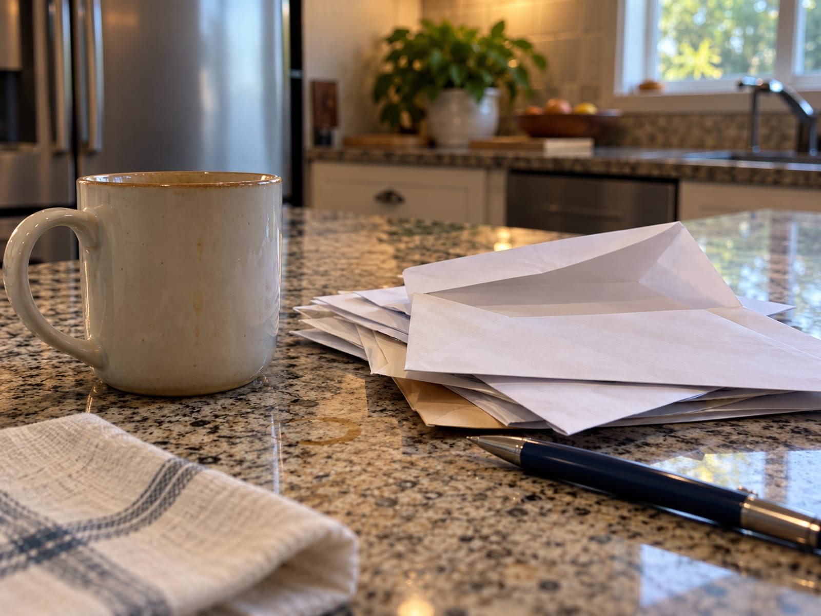 Una pila de correo abierto y una pluma sobre una barra de cocina, junto a una taza
