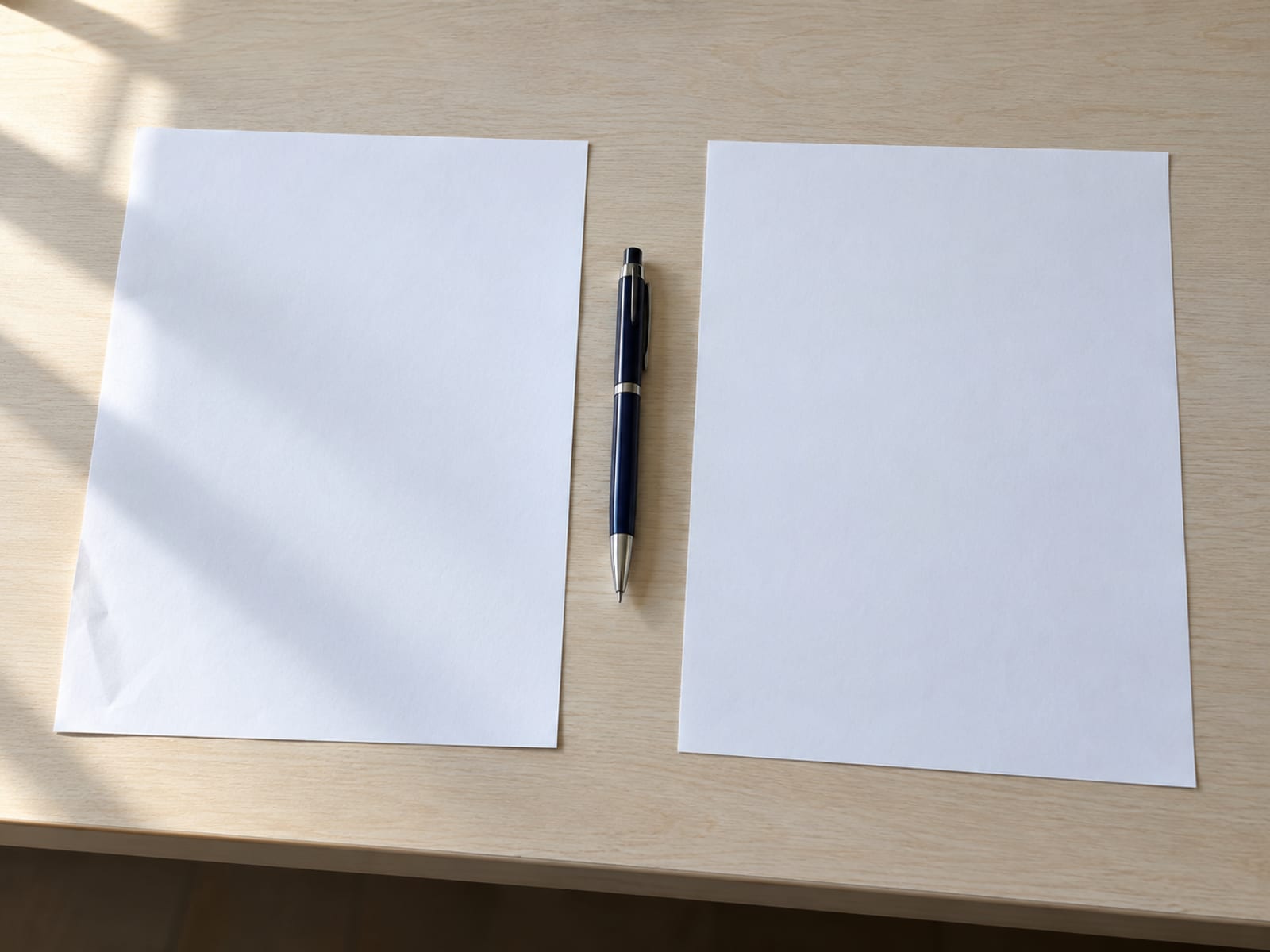 Dos formularios de papel en blanco uno al lado del otro sobre un escritorio, con una pluma entre ellos