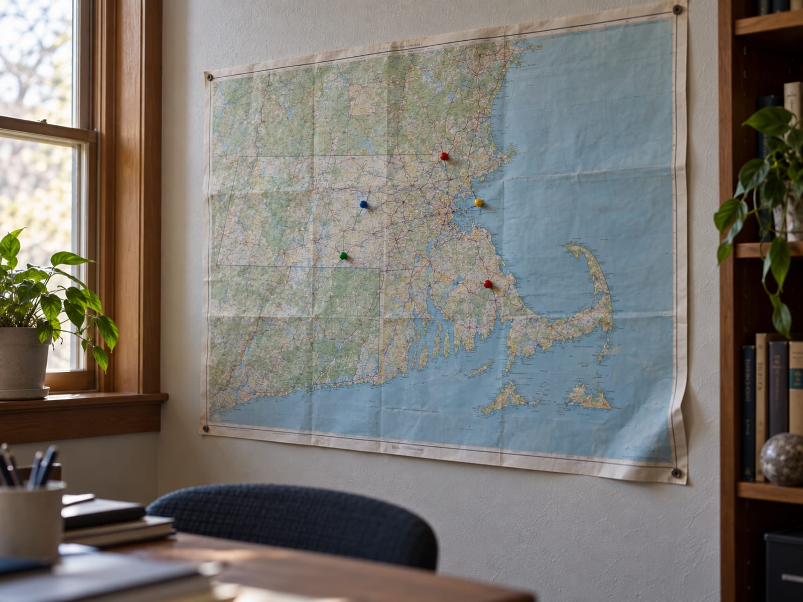 Un mapa de pared del noreste de Estados Unidos con algunos alfileres y sin nombres legibles