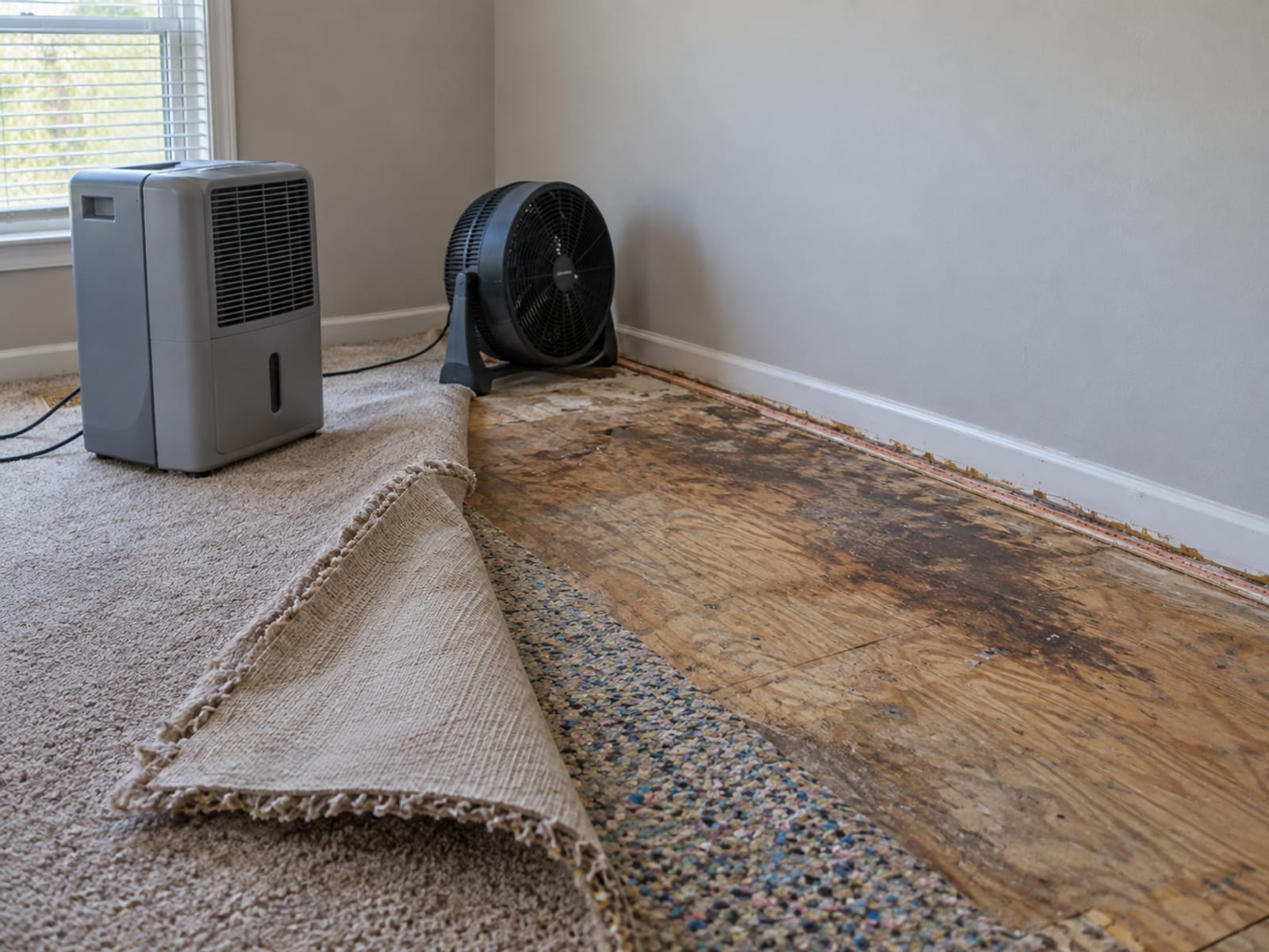 A dehumidifier and a floor fan running in an empty room with a damp carpet pulled back from the wall