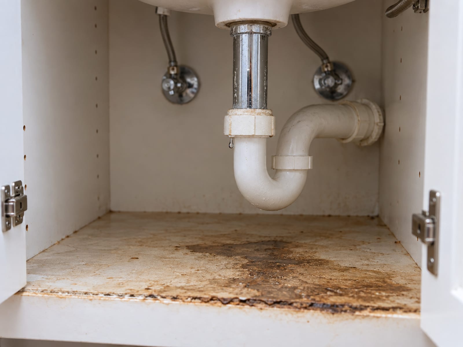 A dripping pipe joint under a bathroom sink with a damp, stained cabinet base