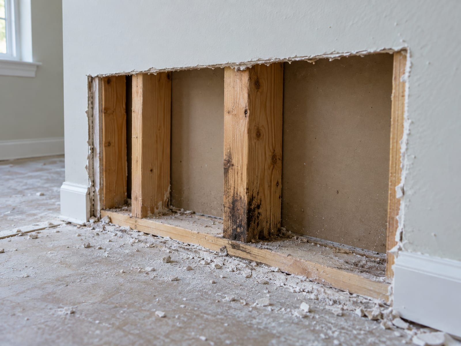 A section of drywall cut away near the floor of an empty room, exposing wooden studs