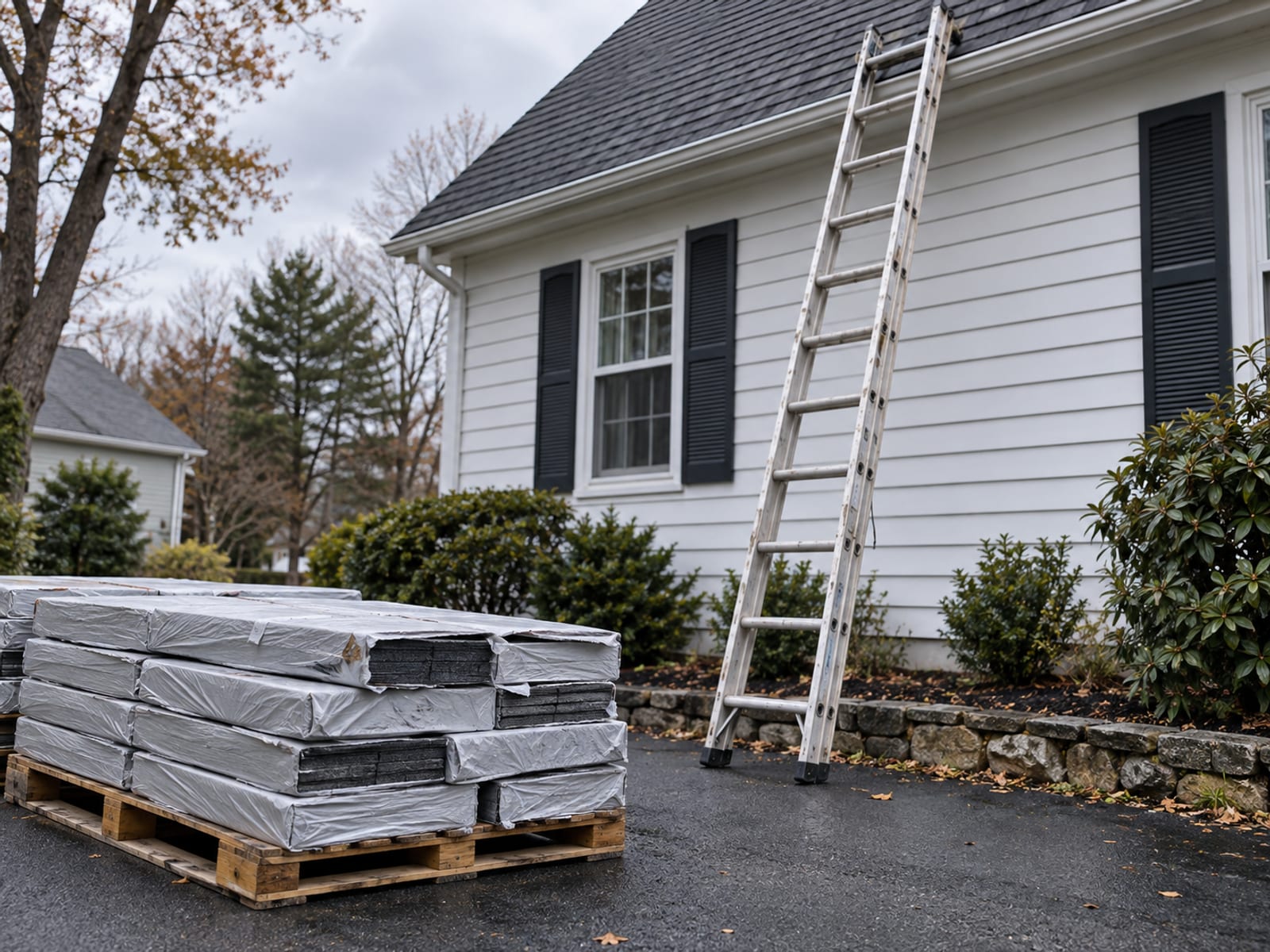 A ladder leaning against a house gutter beside bundles of shingles in plain wrap on the driveway