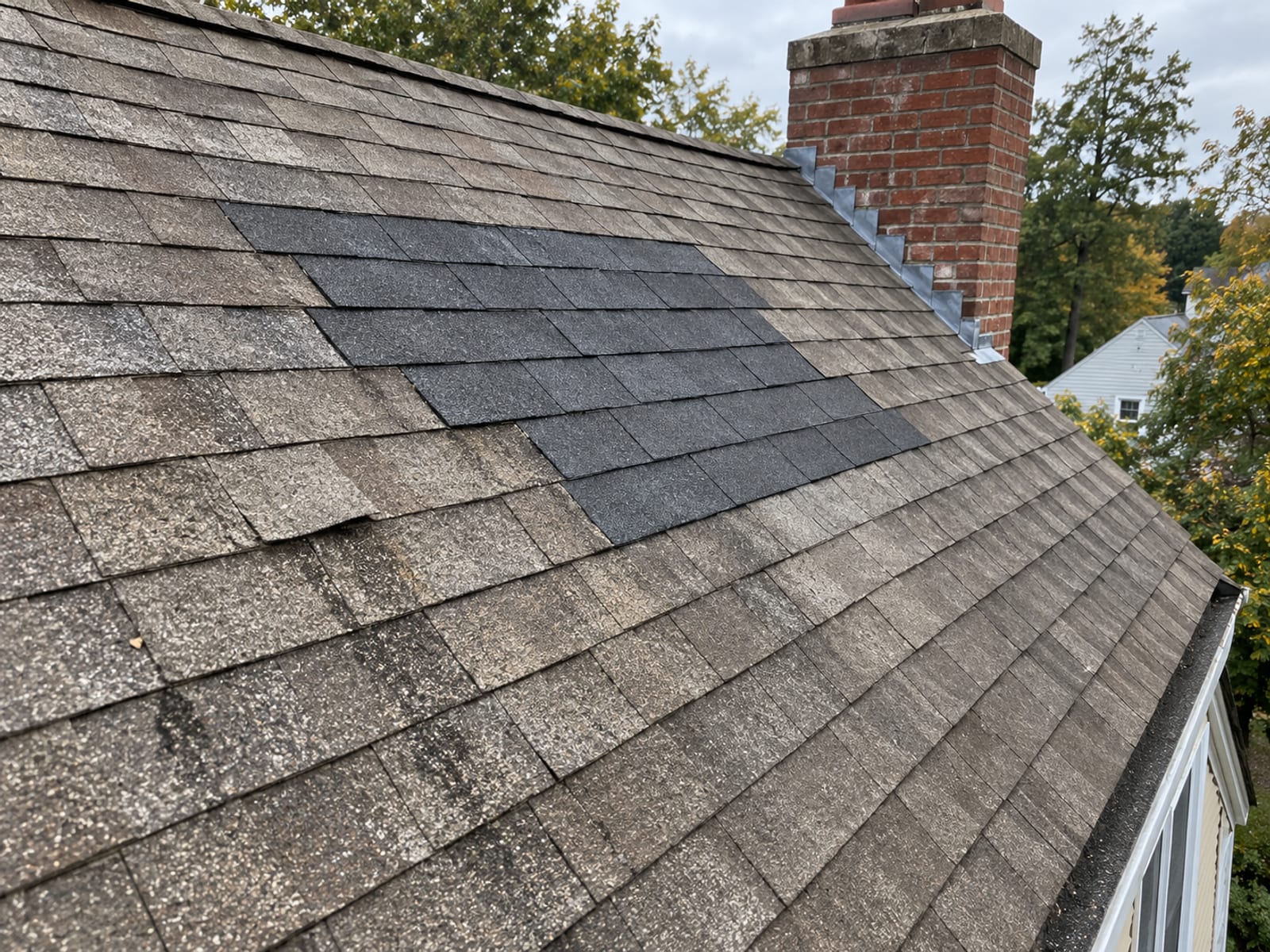 A roof slope with a patch of new dark shingles beside older, faded shingles