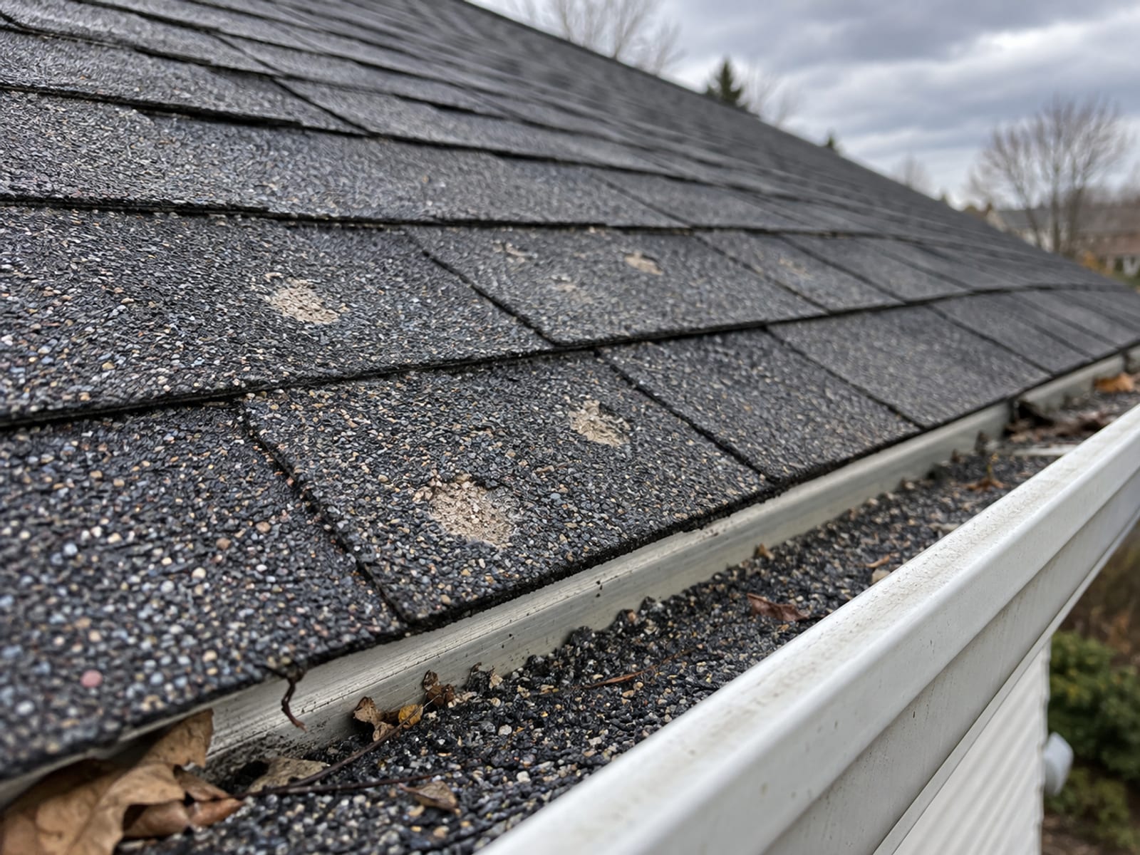 Close view of asphalt shingles with hail dents and scattered loose granules in the gutter below