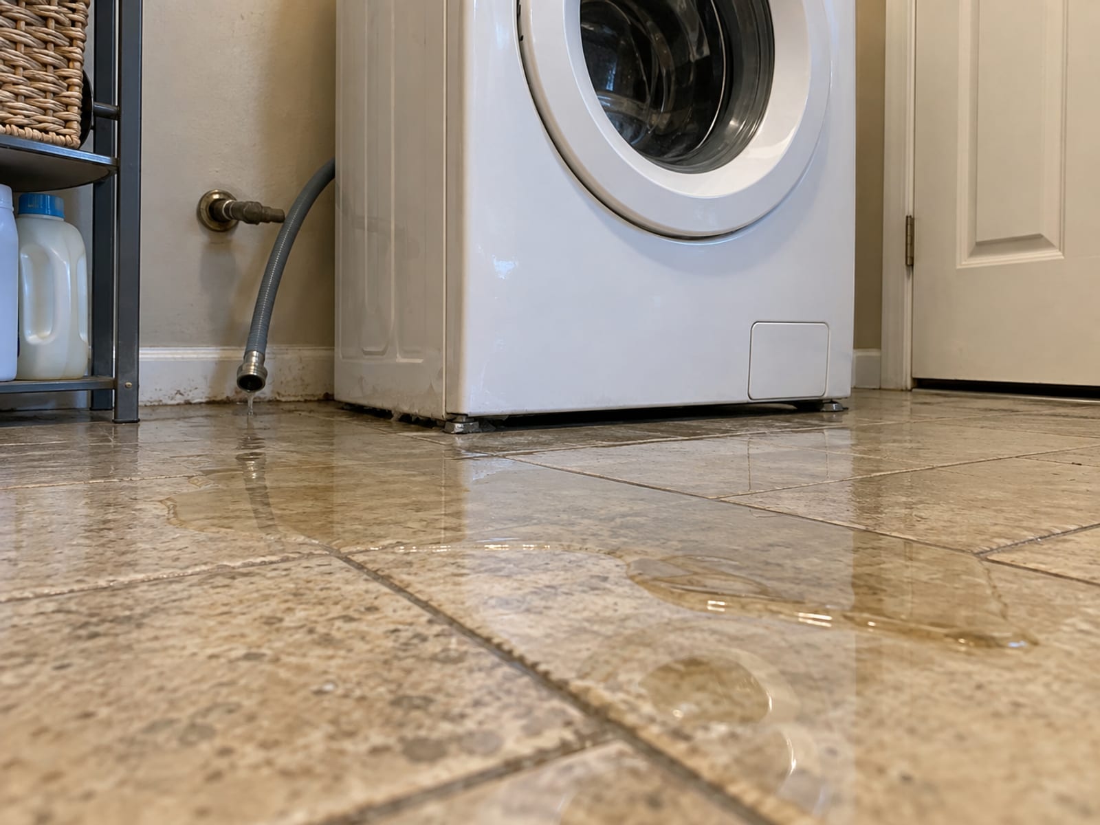 A puddle spreading on a laundry room floor beneath a washing machine with a loose supply hose