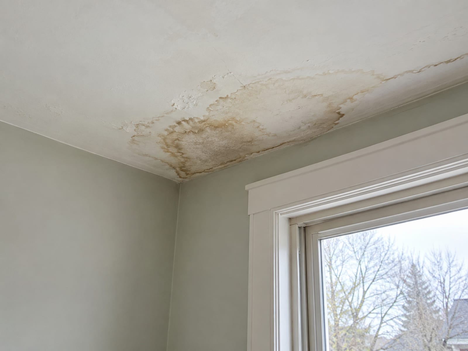 A brown water stain spreading across a white bedroom ceiling near a window