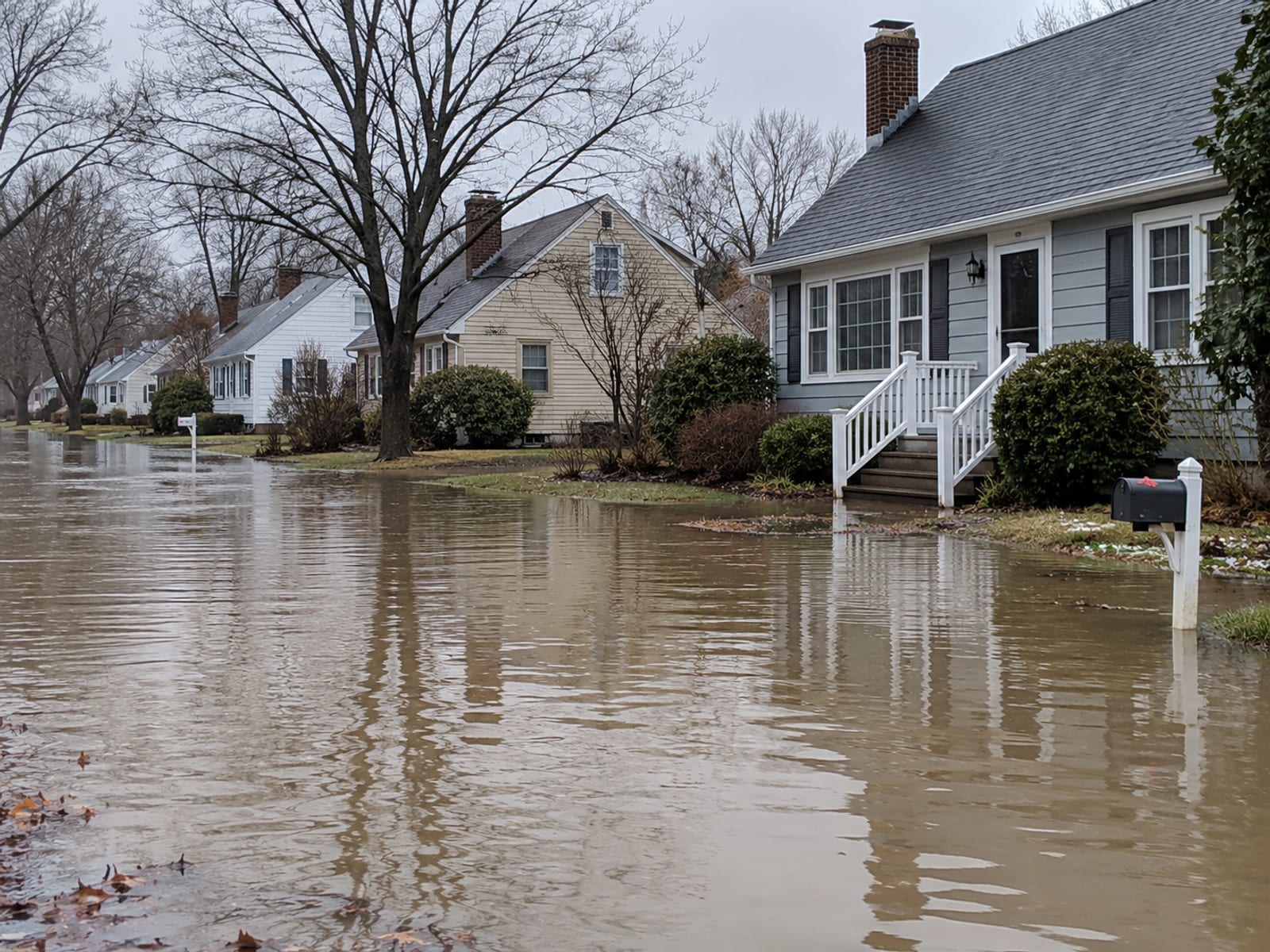 Floodwater covering a residential street and front lawns up to the porch steps of small houses