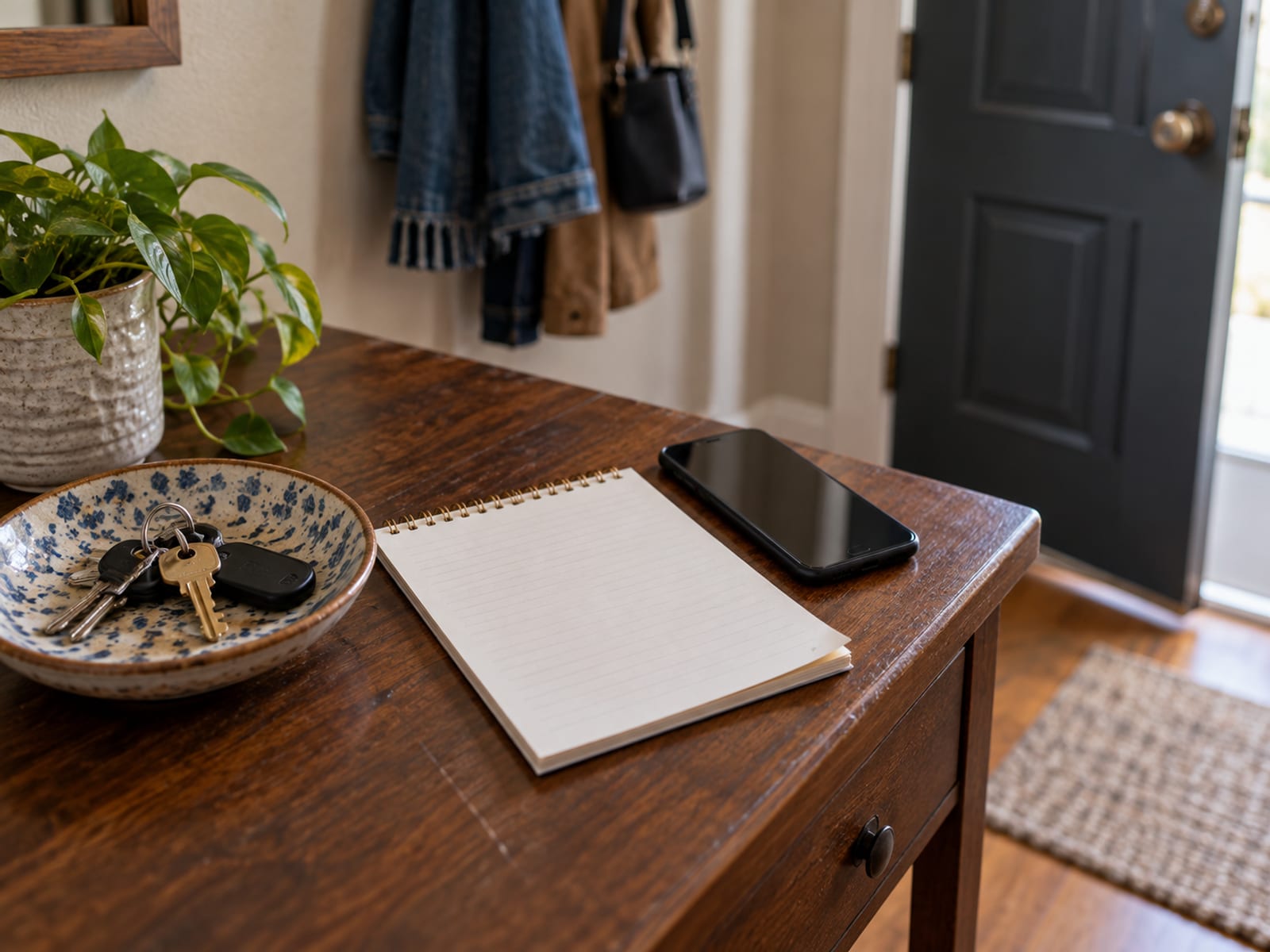 A notepad and a phone on an entry table beside a set of keys in an apartment hallway