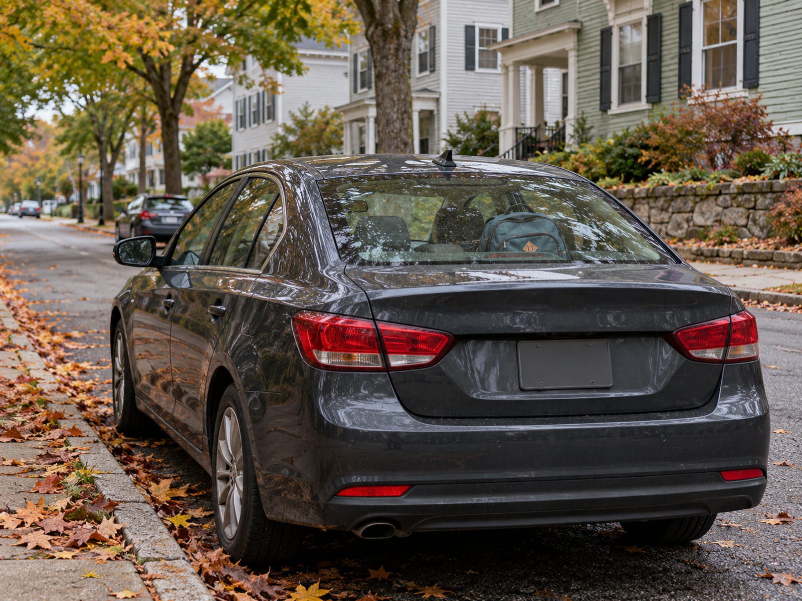 A parked car on a quiet residential street with a backpack resting on the back seat