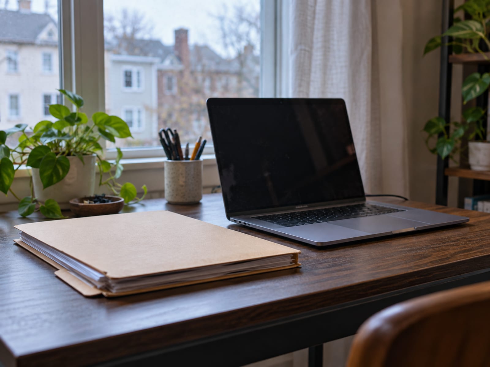 A person's hands placing a folder of papers beside an open laptop on a desk