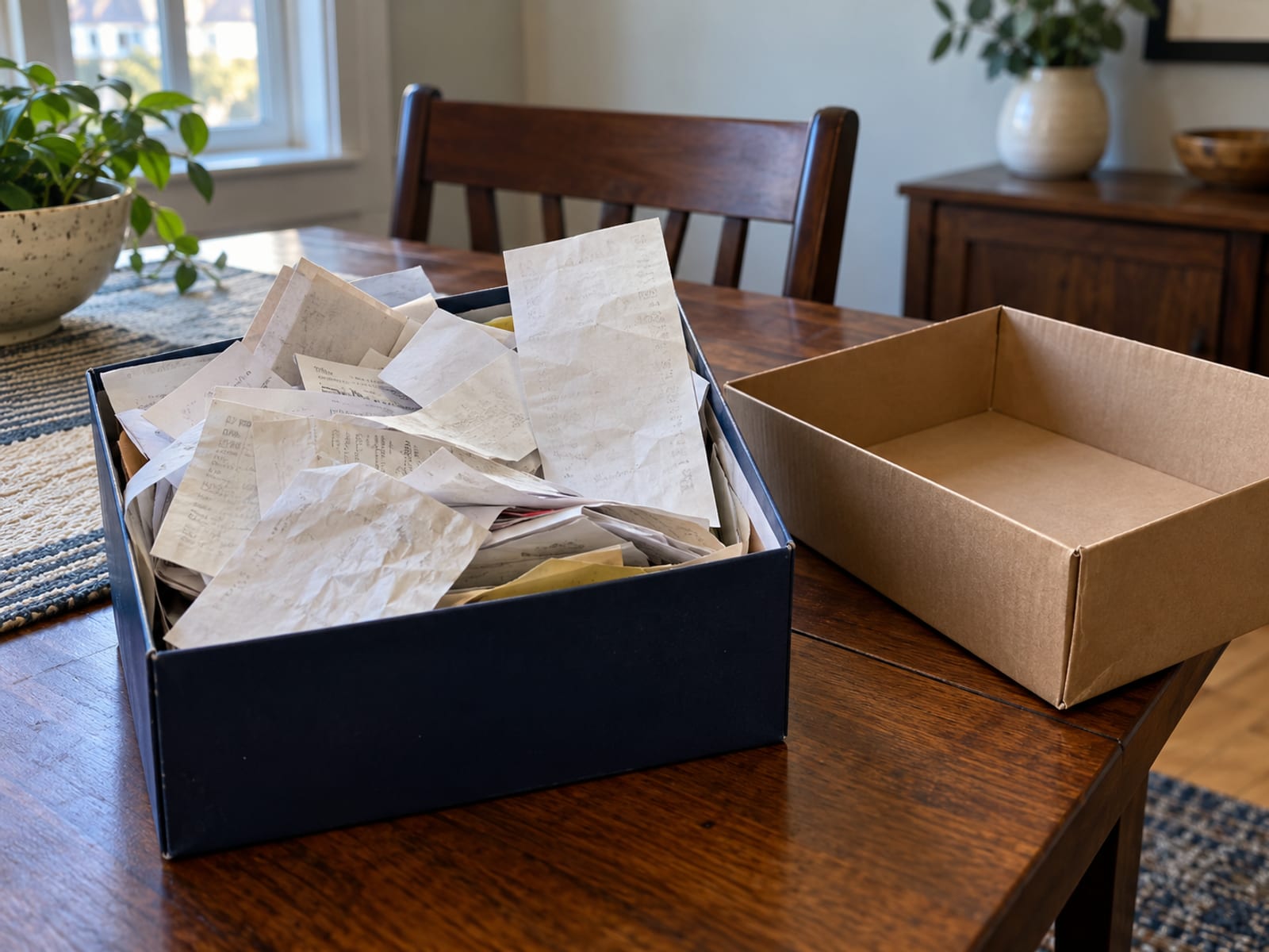 A shoebox of receipts and a box for a small electronic device on a table