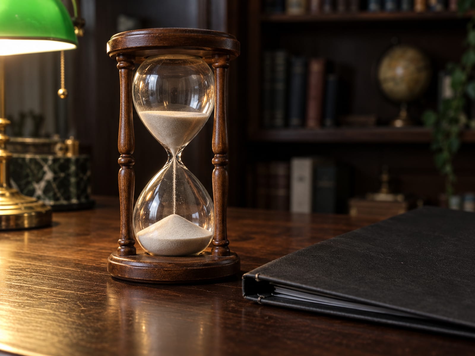 An hourglass on a wooden desk beside a closed folder