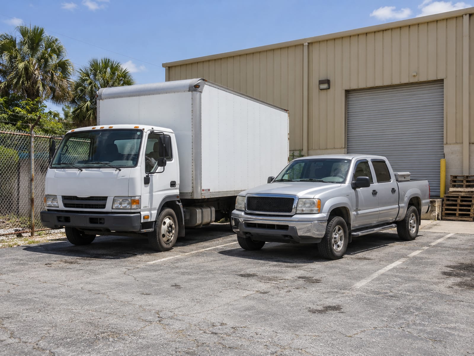 A box truck and a pickup parked side by side in a loading yard under palm trees