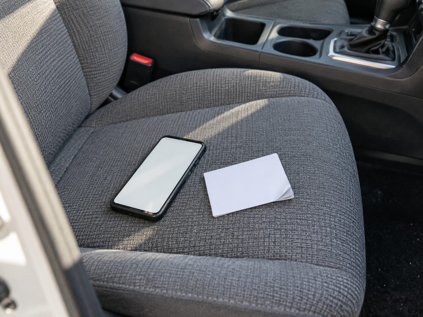 A phone lying on a car seat beside a folded paper insurance card with no readable text