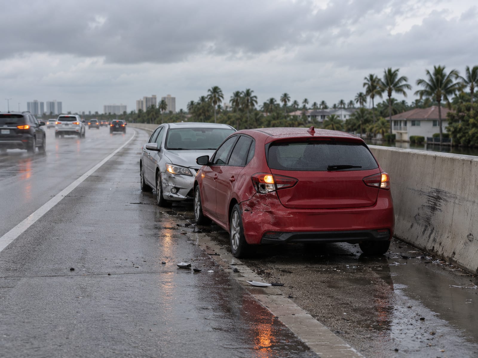 Two cars pulled onto a highway shoulder after a minor collision on an overcast day