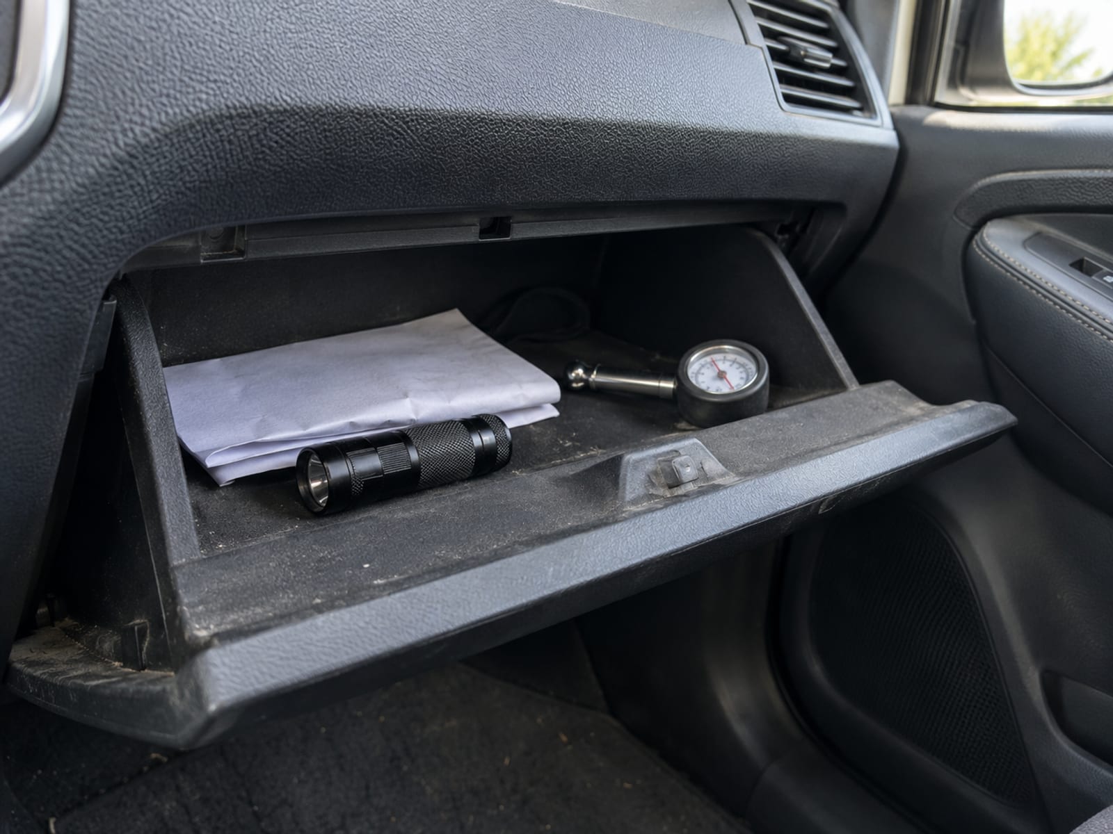 An open glove compartment holding a folded document and a small flashlight