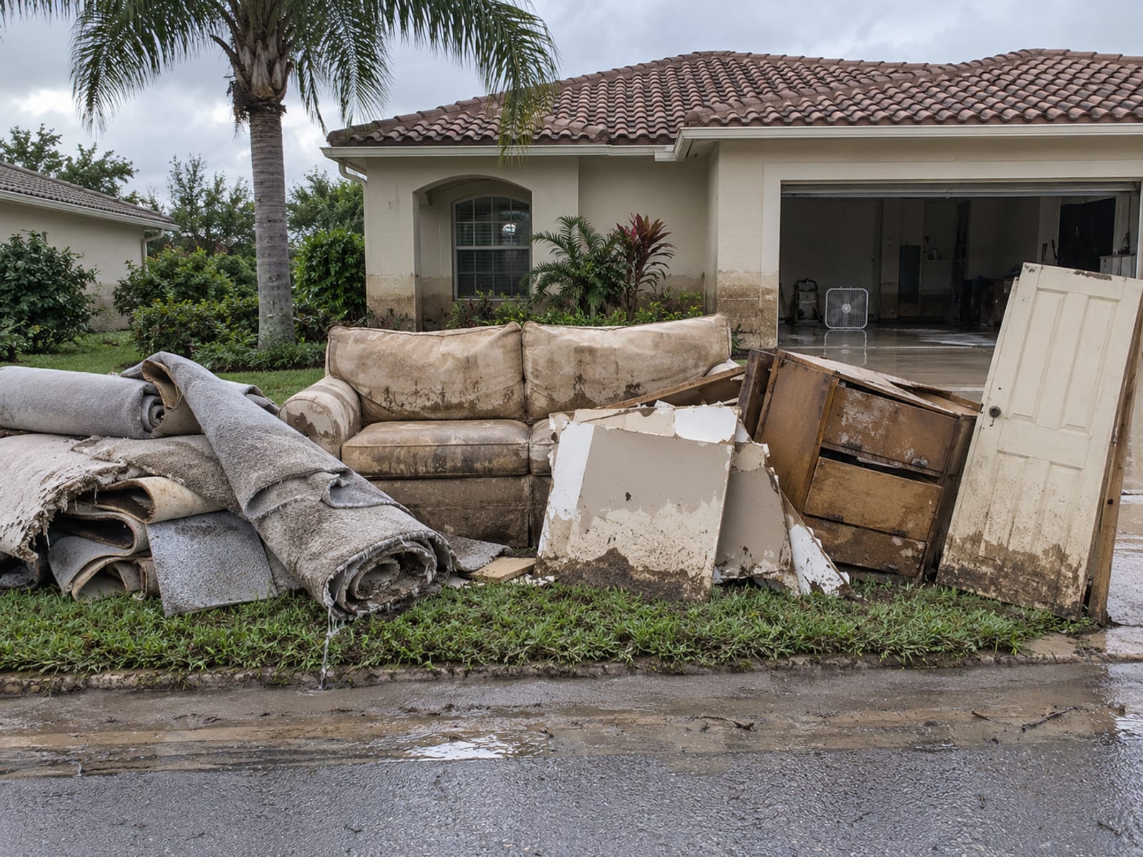 Wet carpet and damaged furniture piled at the curb outside a home after a flood