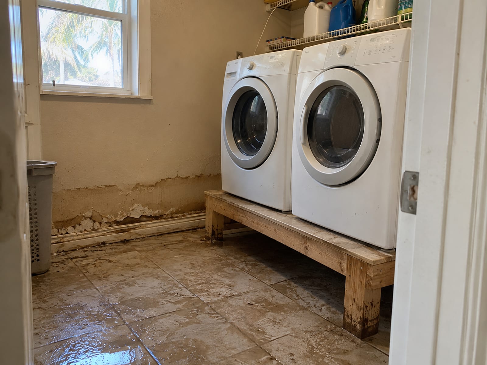 Water-stained drywall and a raised washer and dryer in a home utility room after a flood